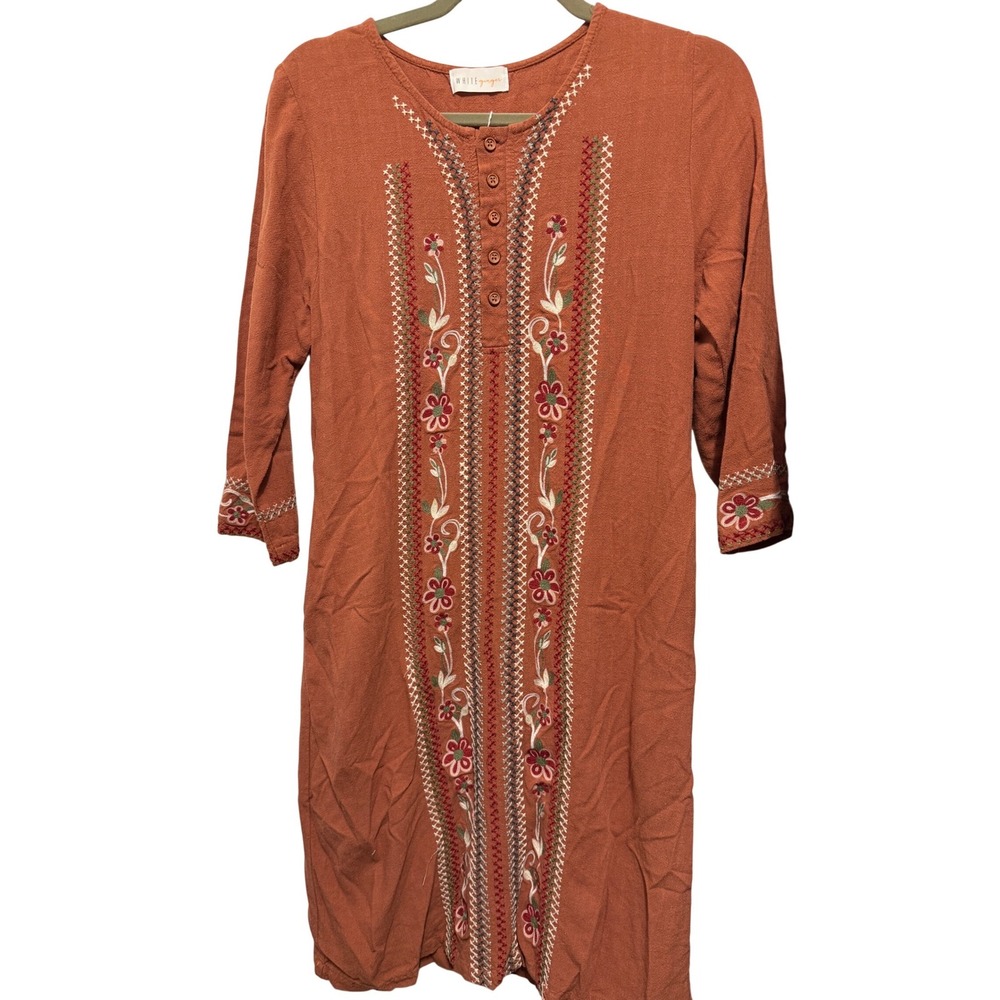 White Ginger Rust Orange Embroidered Linen Blend‎ Boho Tunic Dress Womens